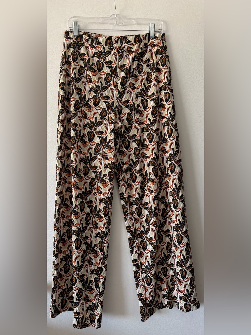 ZARA Printed Linen-Look Wide Leg Pants M Flowy Plissé Resort Lounge Trousers